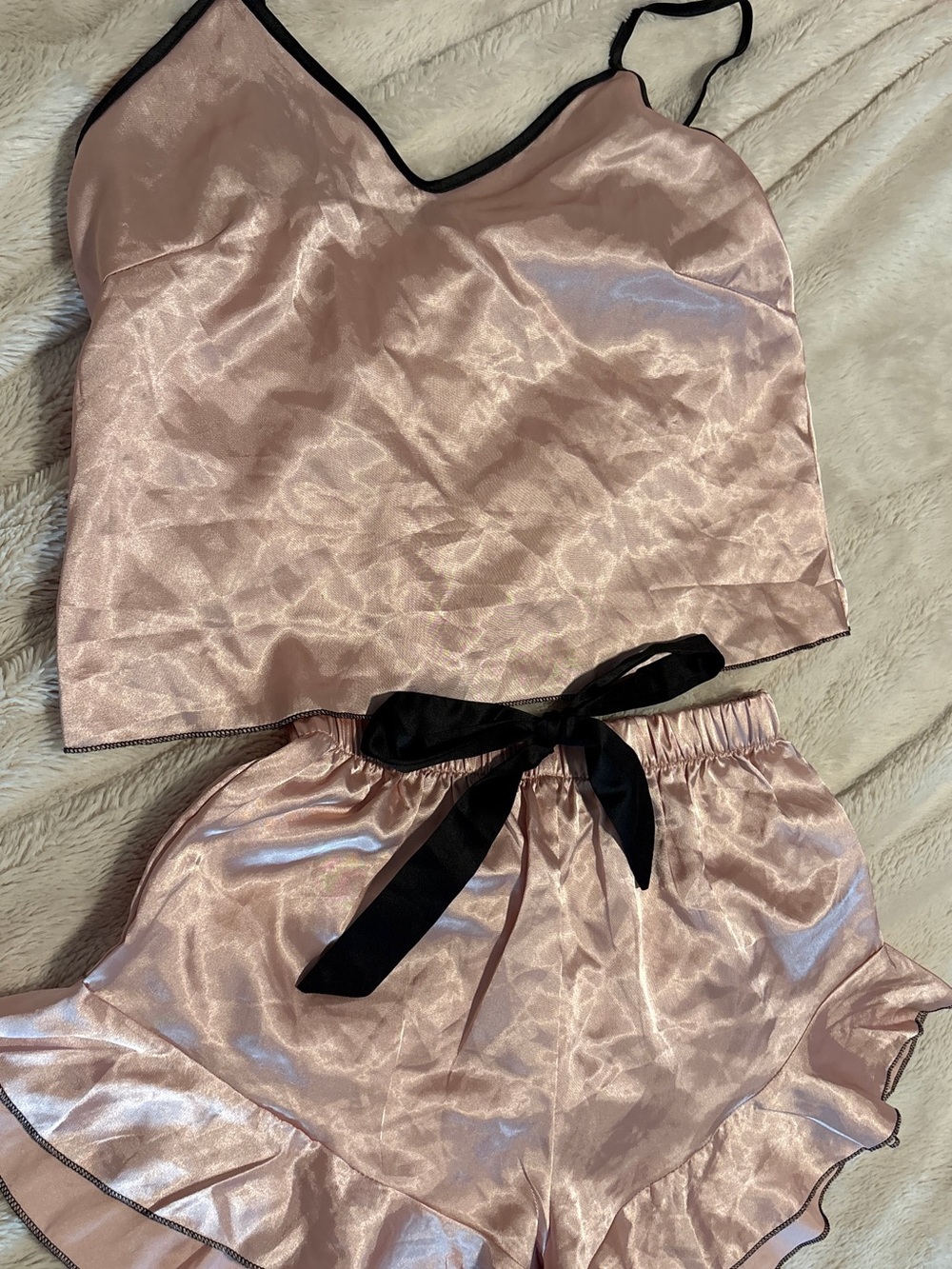 Satin Pink Cami & Short Sleep Set with Black Trim